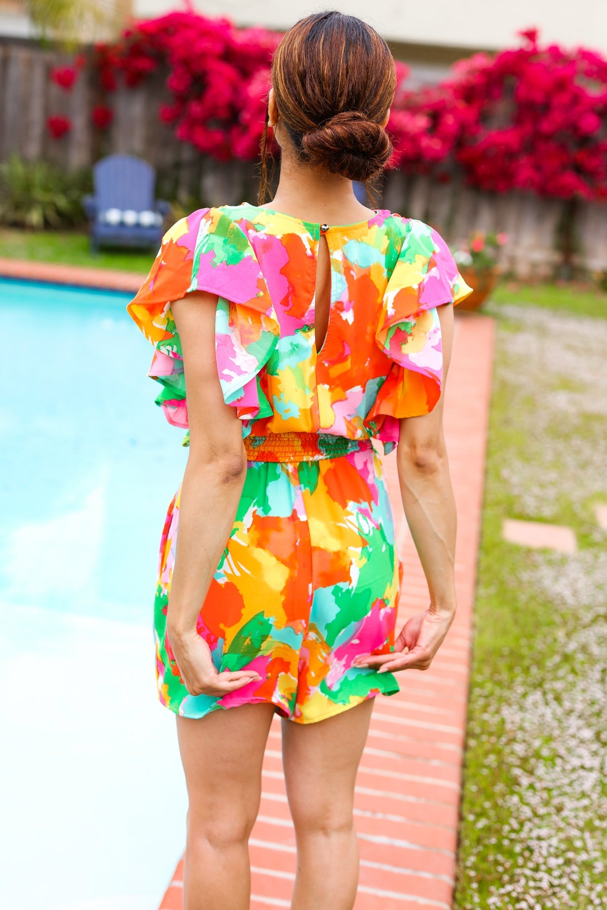 Under The Sun Abstract Floral Smocked Waist V Neck Flutter Sleeve Romper