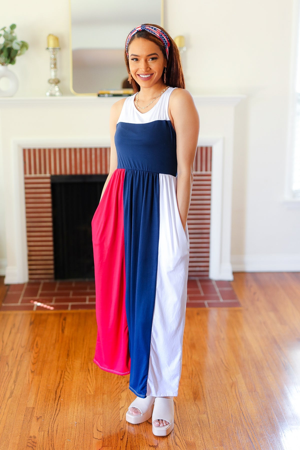 Patriotic Color Block Fit & Flare Maxi Dress