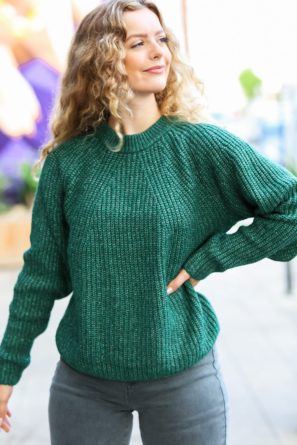 Holiday Green Mélange Round Neck Knit Sweater