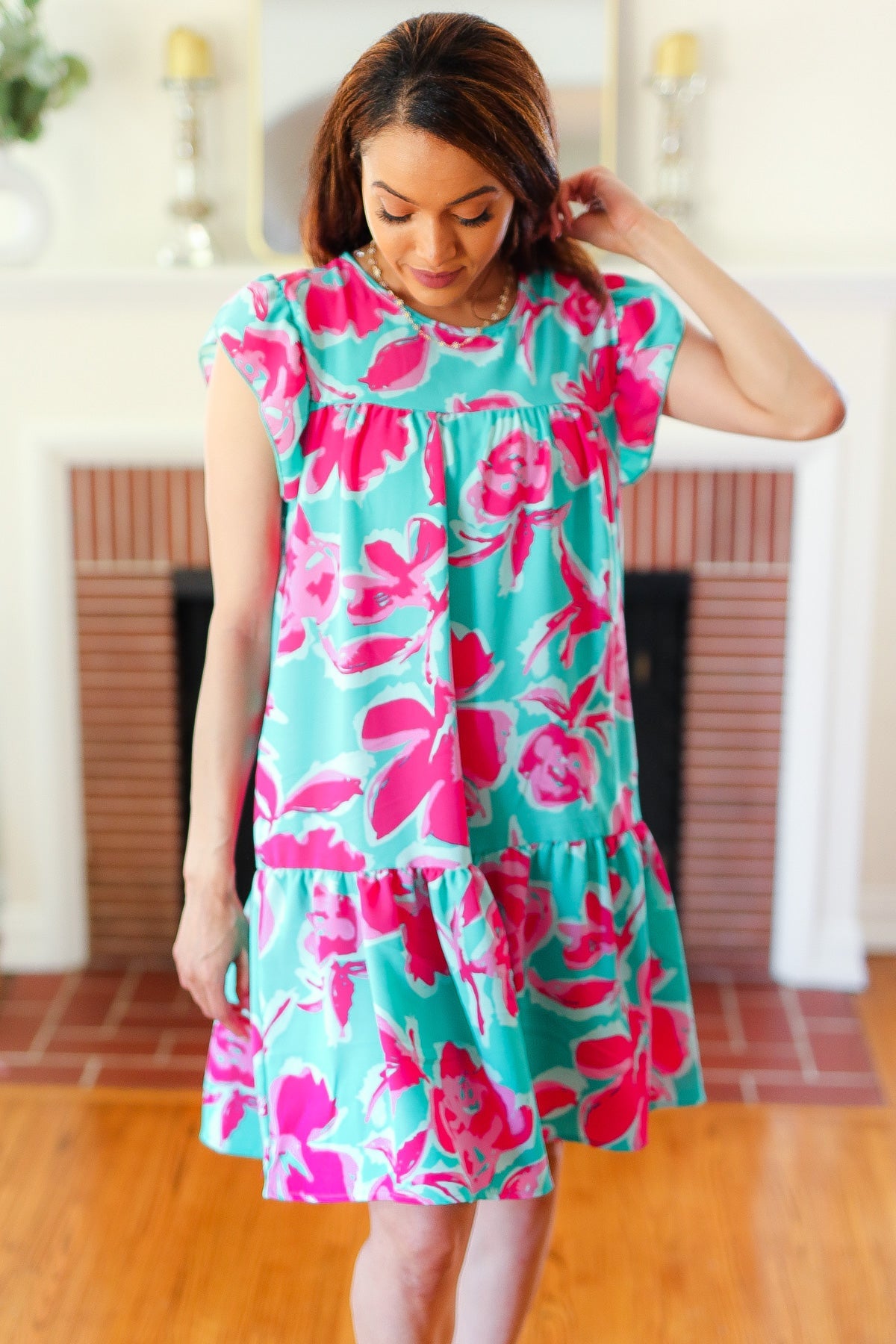 Diva Dreaming Aqua & Fuchsia Floral Print Tiered Ruffle Sleeve Dress