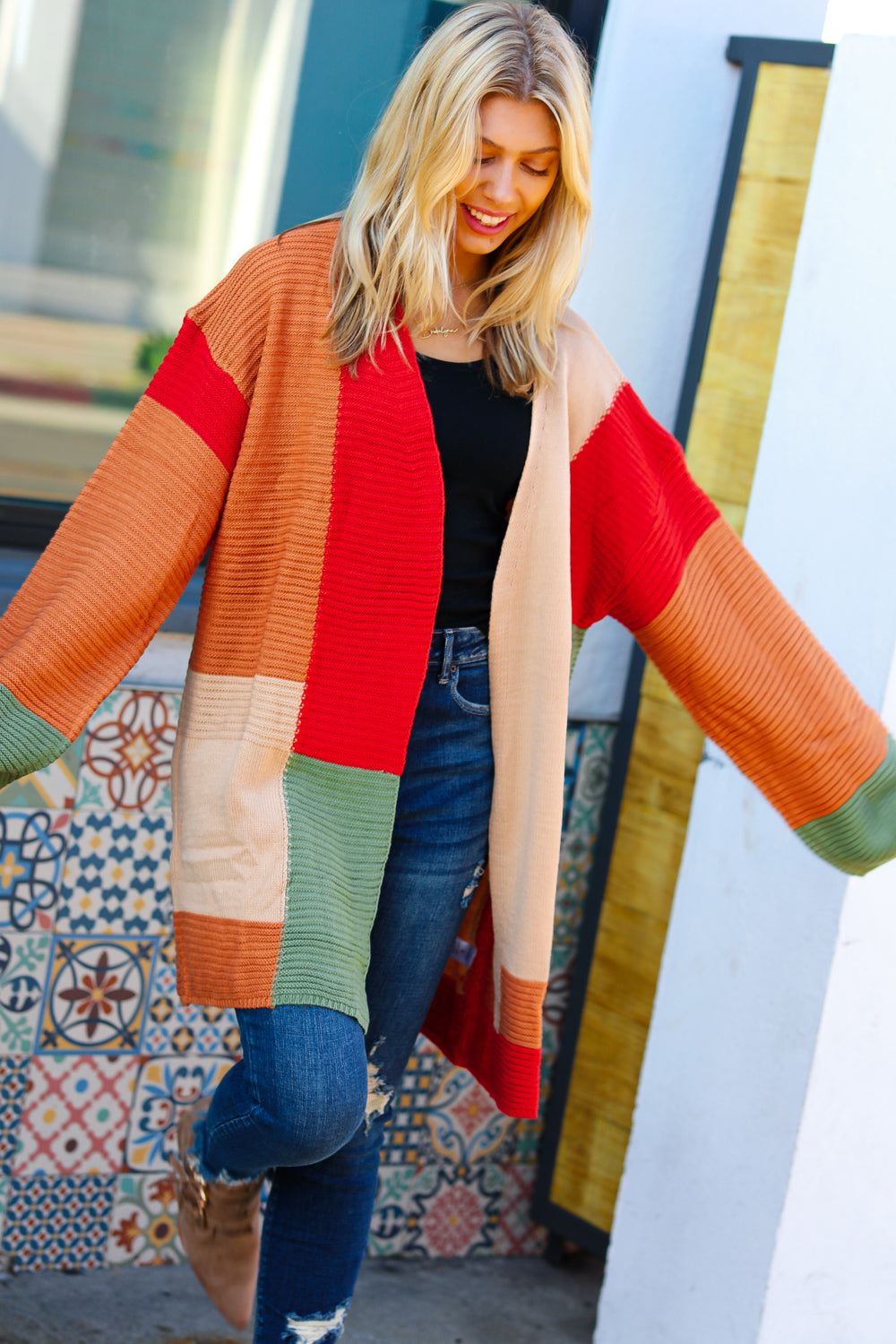 Latte Ready Rust & Taupe Color Block Open Knit Cardigan