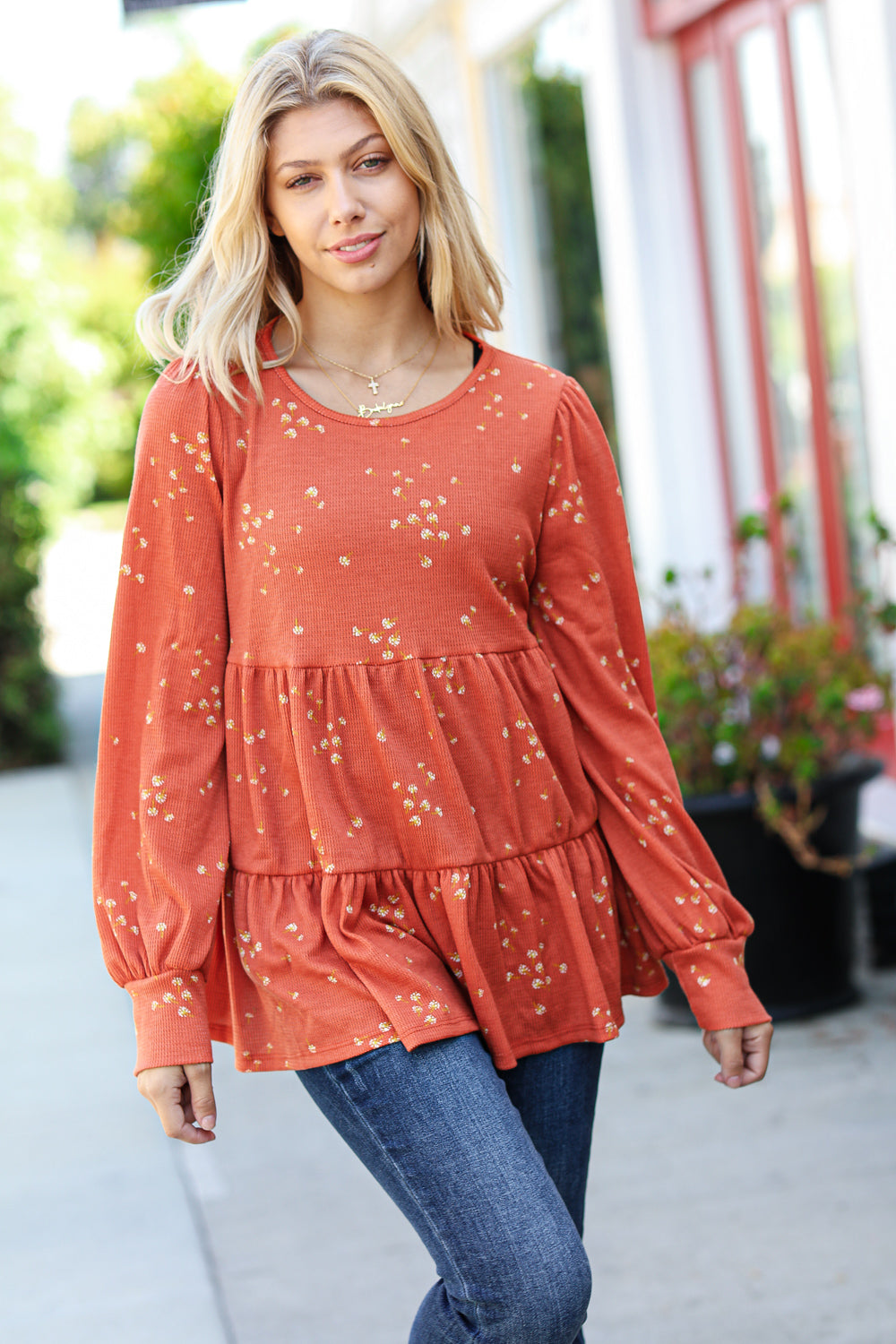 Rust Ditzy Floral Thermal Tiered Babydoll Top