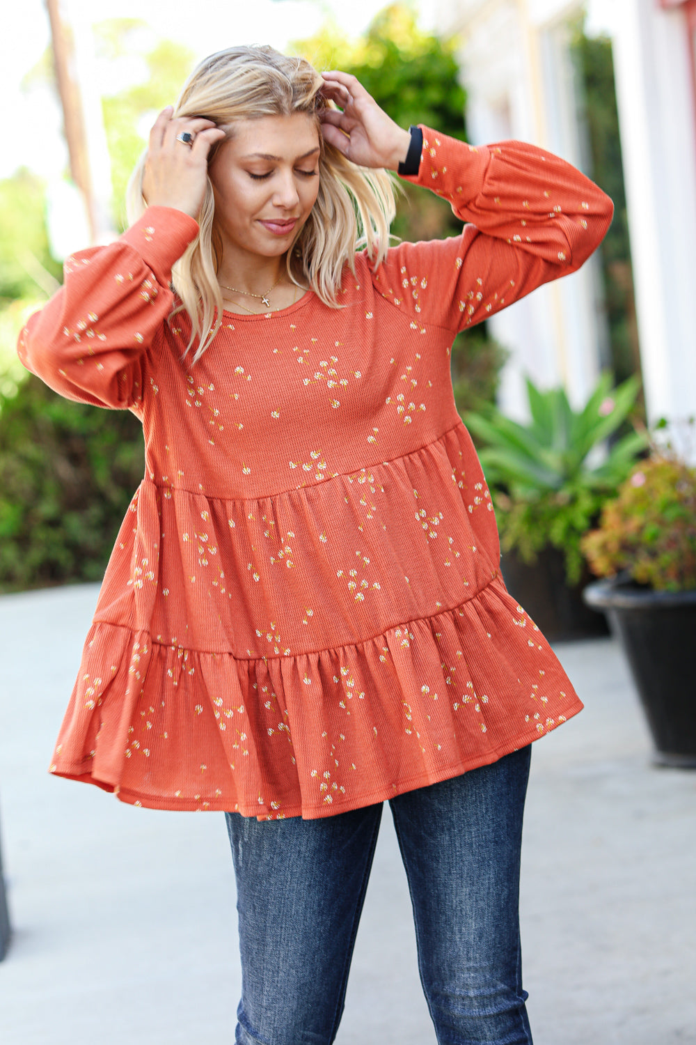 Rust Ditzy Floral Thermal Tiered Babydoll Top