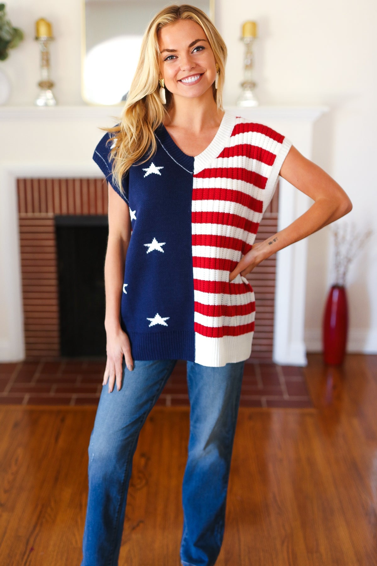 Stars & Stripes Americana V Neck Dolman Sweater Top