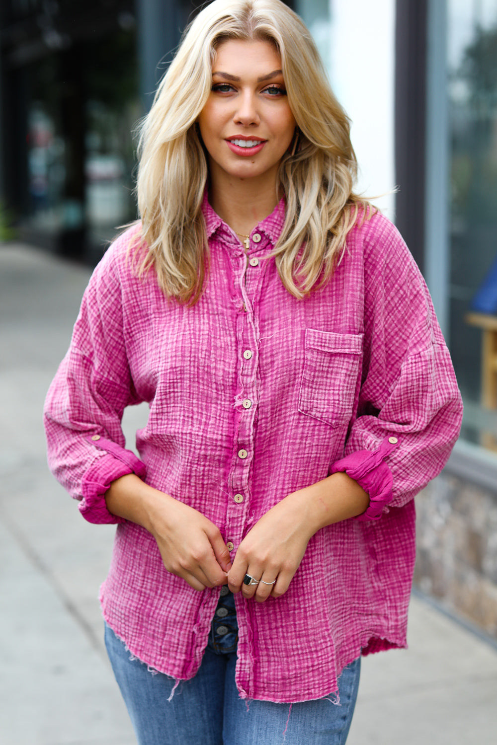 Magenta Washed Cotton Gauze Button Down Shirt