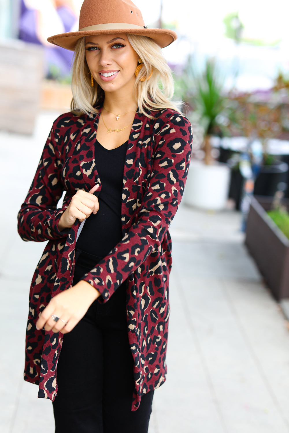 Weekend Envy Burgundy Animal Print Open Cardigan