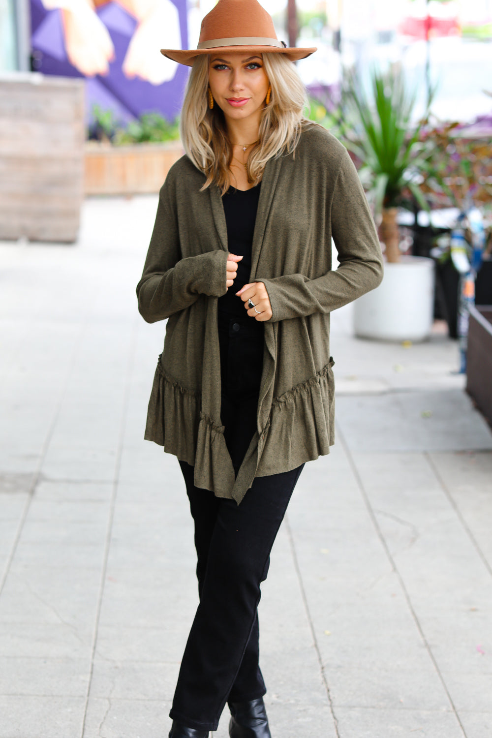 Olive Green Face the Day Two-Tone Ruffle Cardigan