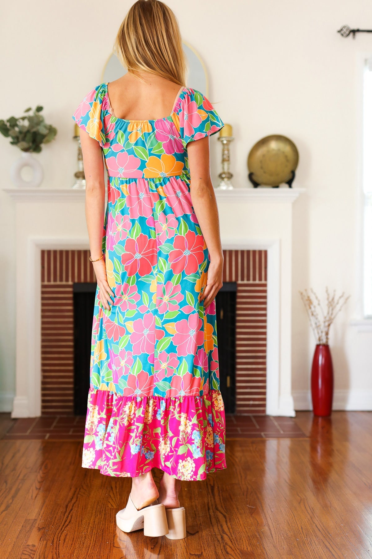 Vacay Vibes Blue Floral Print Sweetheart Twisted Neckline Maxi Dress