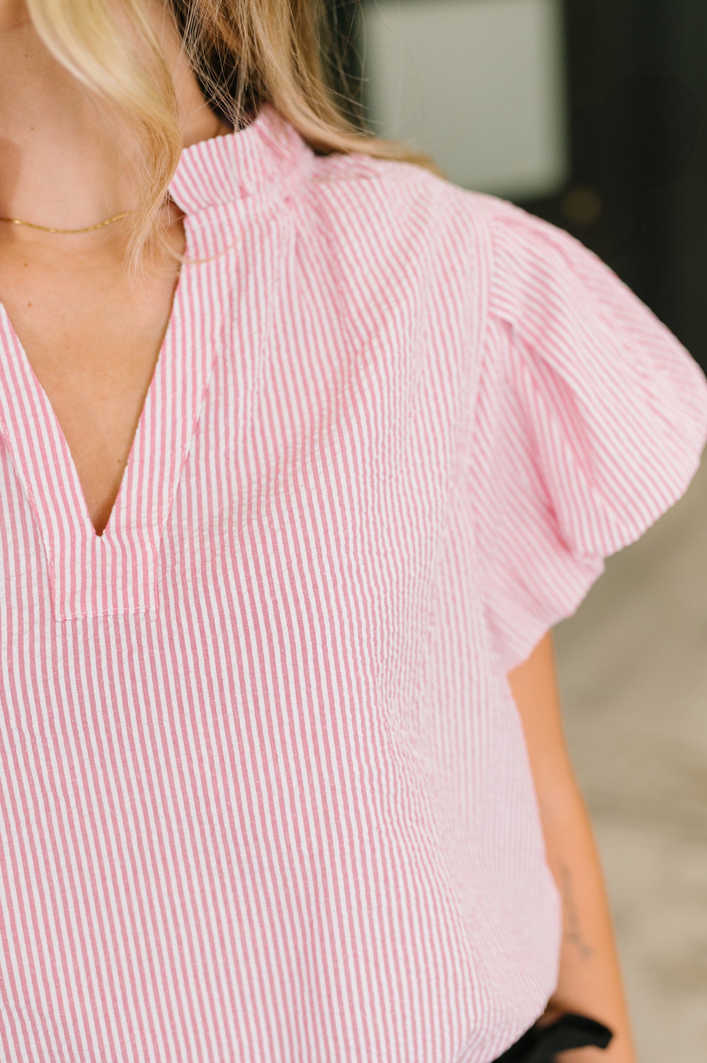 Beauty & Brains Textured Split Neck Blouse