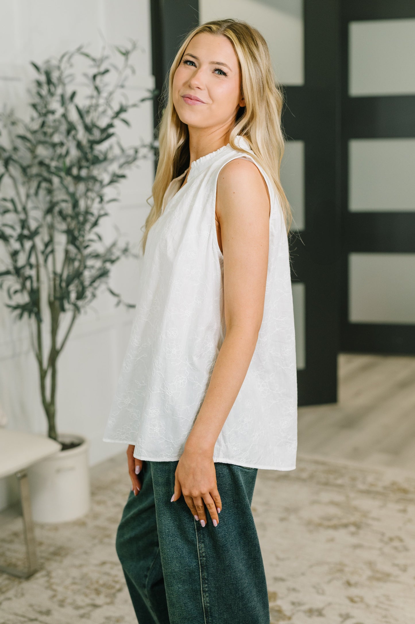Camellia Split Neck Embroidered Tank in Off White