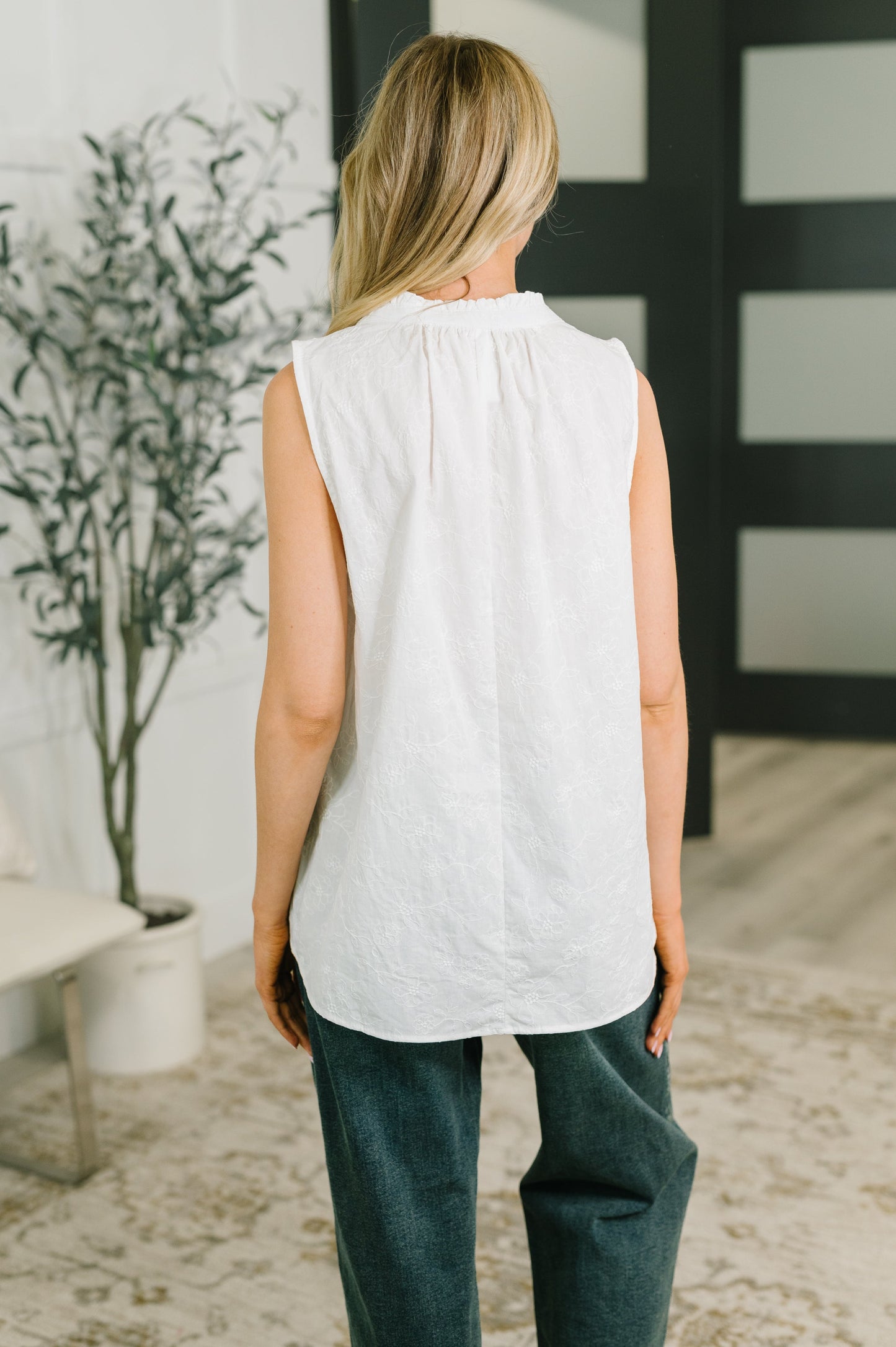 Camellia Split Neck Embroidered Tank in Off White