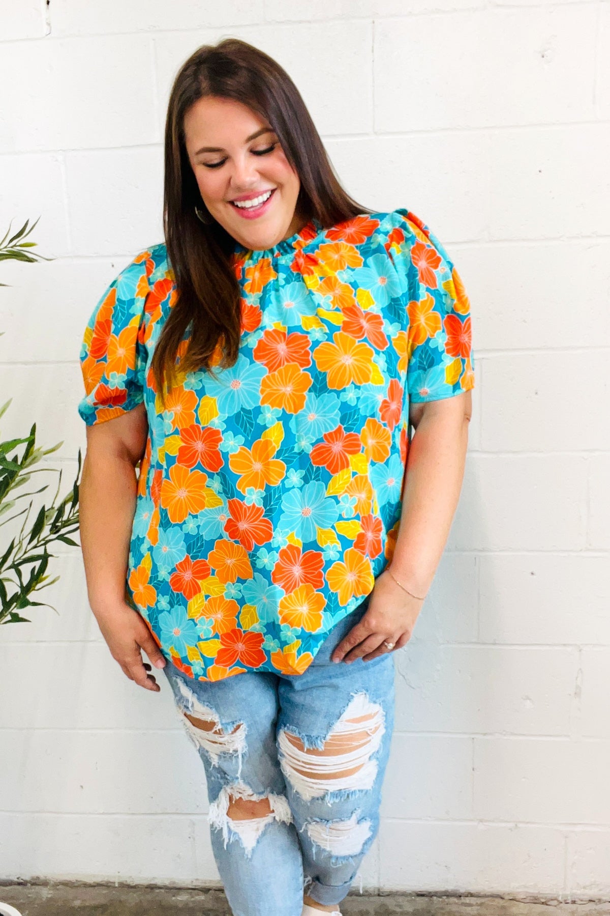 Vacay Ready Blue & Orange Floral Frill Mock Neck Top