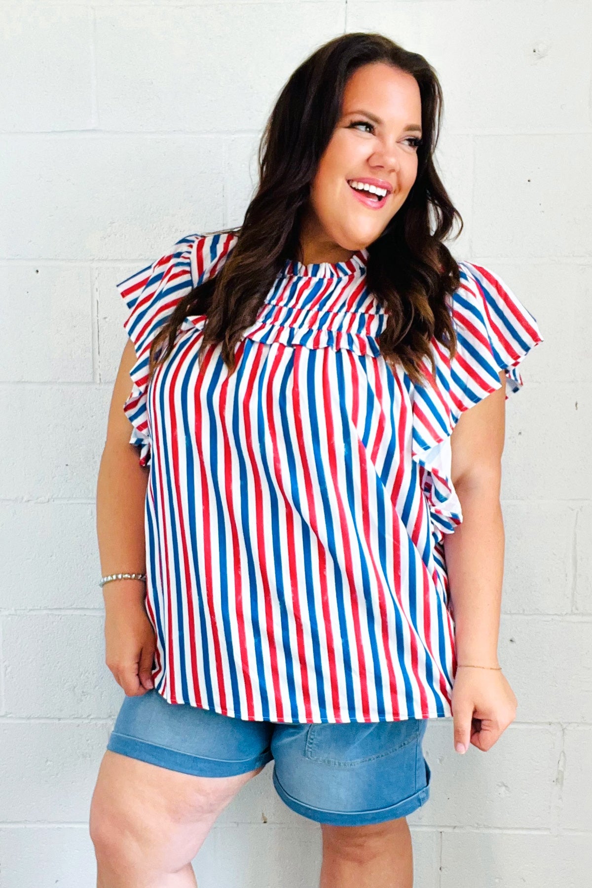 American Red White & Blue Stripe Shirred Yoke Neck Top