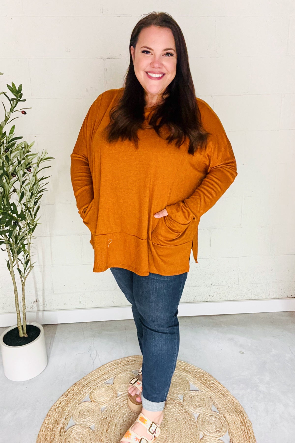 Rust Hacci Dolman Pocketed Sweater Top