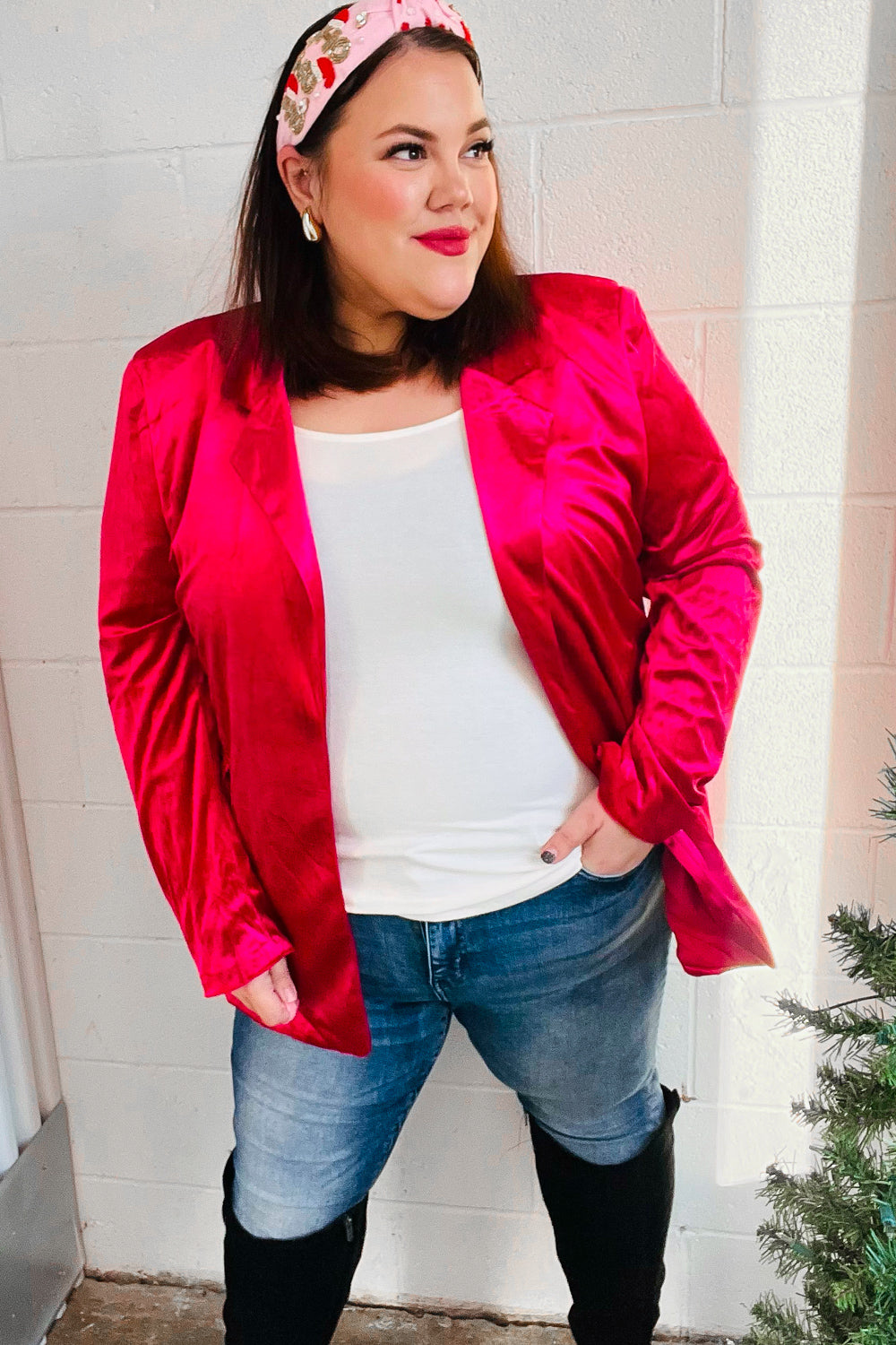 Dazzling Magenta Velvet Lapel Blazer