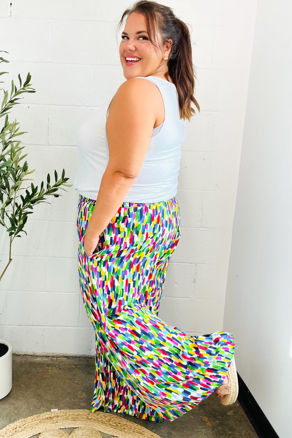 Stand Out Navy & Green Abstract Print Smocked Waist Palazzo Pants