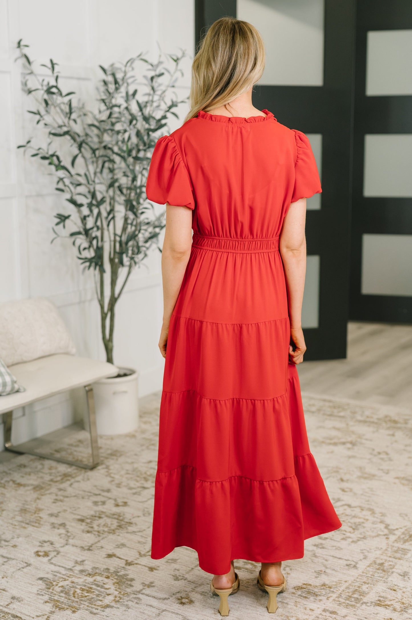 Keep You Coming Balloon Sleeve Tiered Dress in Red