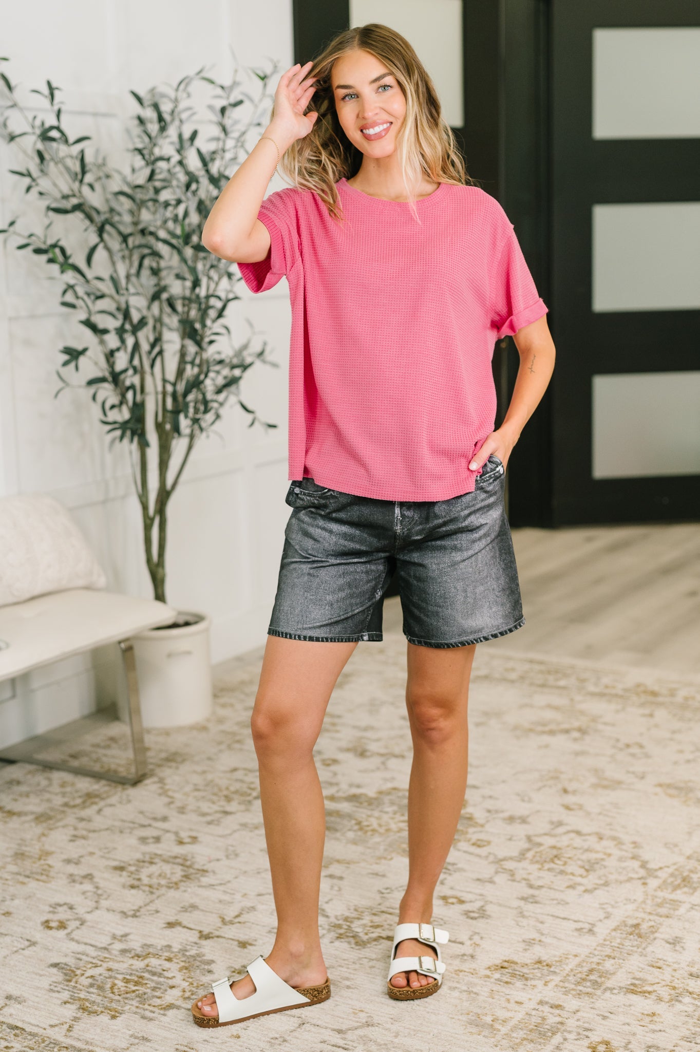 Leave It to Me Waffle Knit Relaxed Tee in  Pink