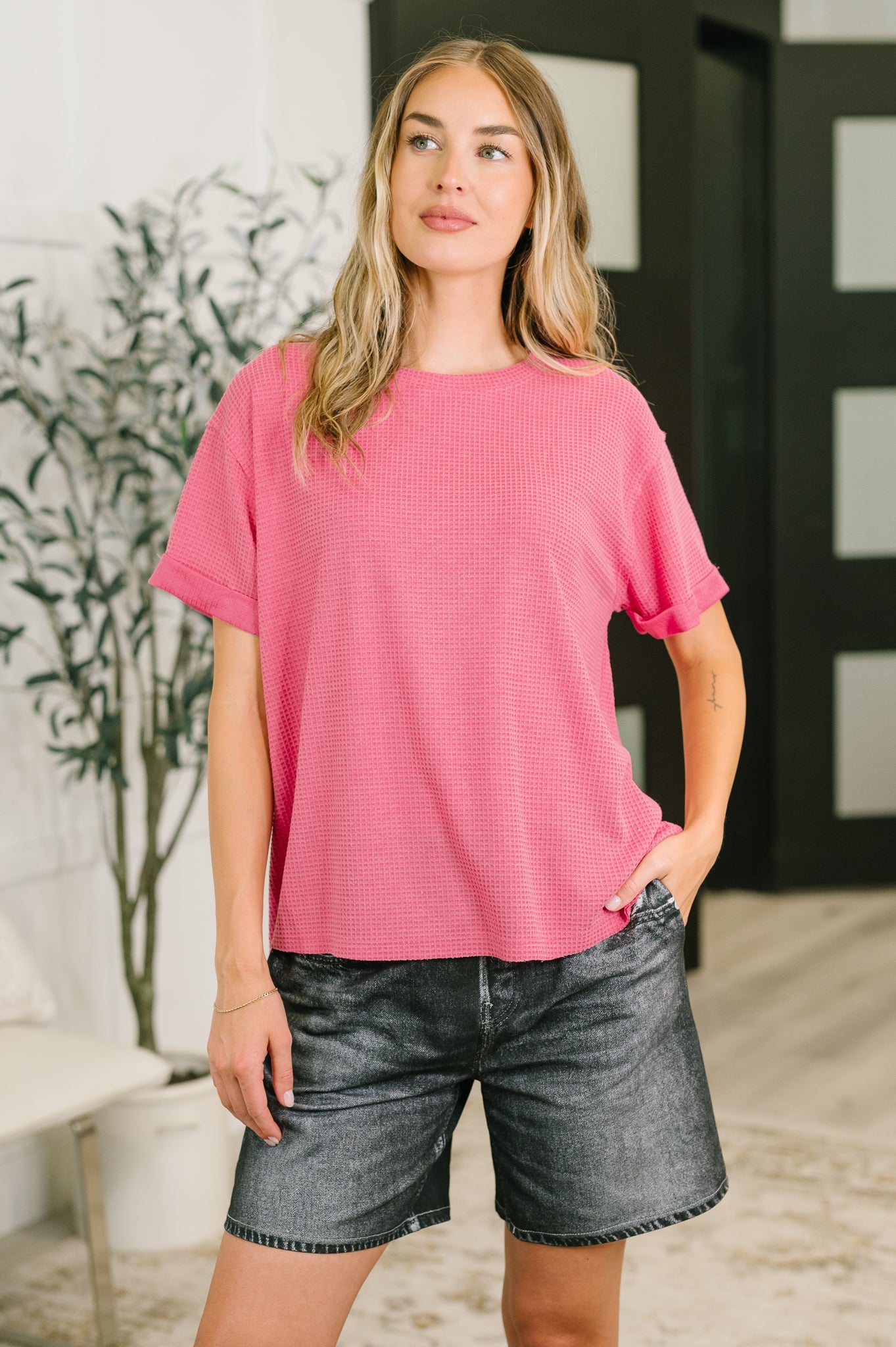 Leave It to Me Waffle Knit Relaxed Tee in  Pink