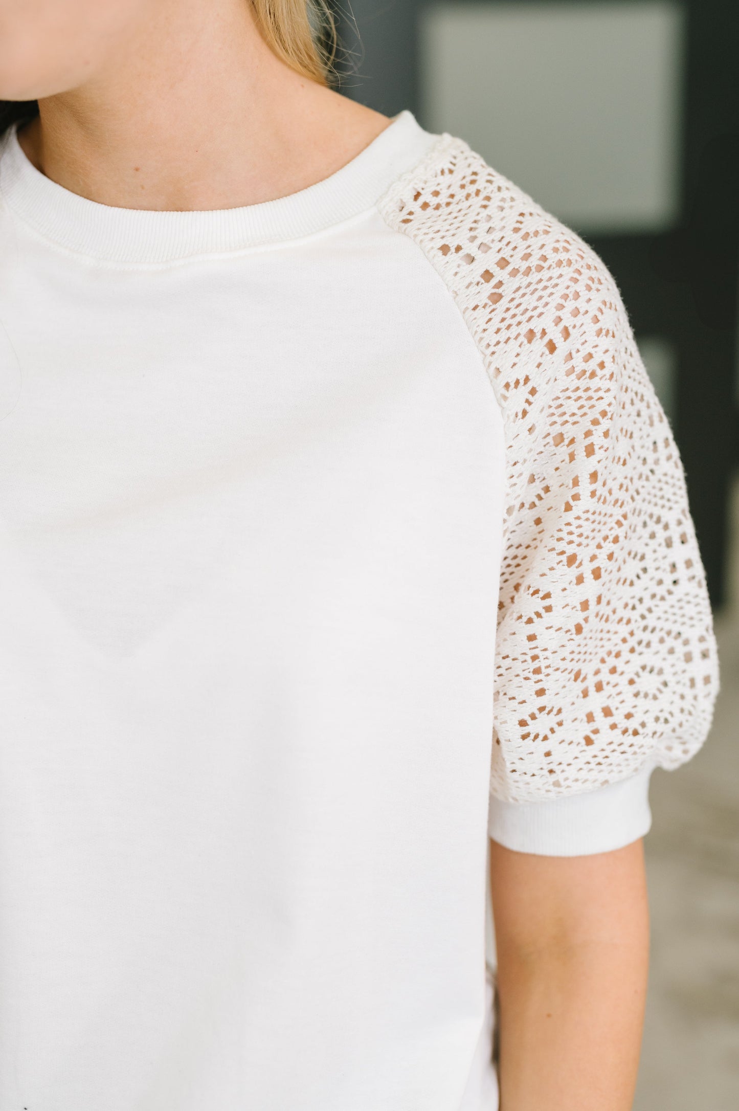 Never Too Lace Raglan Crochet Sleeve Top